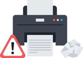 Office printer with error alert flat design minimal illustration showing document and warning sign vector