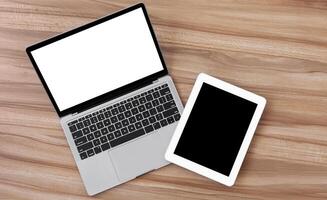 Set of modern technology devices template for responsive design presentation. Mock up of laptop, phone and tablet photo