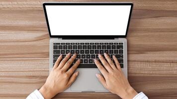 Doing Project. Above close up view of girl typing on laptop keyboard with responsive white blank screen, mock up photo