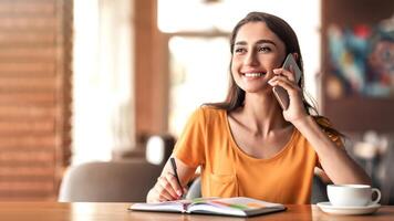 alegre joven dama teniendo conversacion con empleador en móvil teléfono mientras teniendo café descanso a cafetería, vacío espacio. contento árabe mujer tomando notas en cuaderno mientras hablando en teléfono inteligente foto