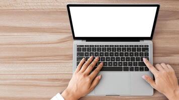 Searching Information. High angle view of manager using computer with blank screen, touching buttons photo