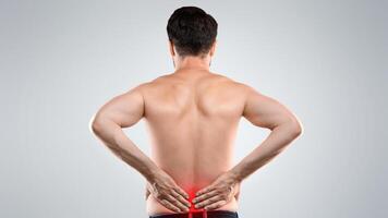 Unrecognizable man holding his hands behind his back, pain in spine, inflamed zone highlighted in red, grey studio background, copy space. Rear view of man rubbing lower back, office syndrome concept photo