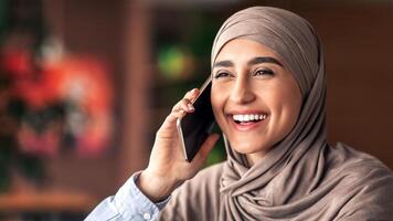 Laughing pretty muslim girl talking on mobile phone while resting at cafe alone, free space photo