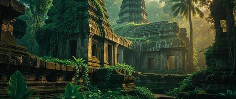 An ancient temple in the jungle with trees and plants photo