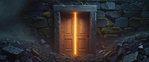 An open door in a dark room with a light coming through it photo