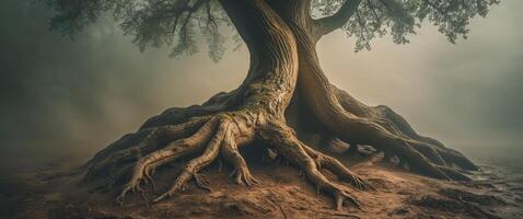 A tree with large roots on a foggy day photo