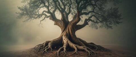 An old tree with roots on a foggy day photo