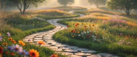 A path through a field with flowers and trees photo