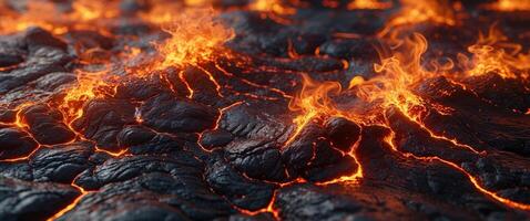 Lava is flowing from the ground and is very hot photo