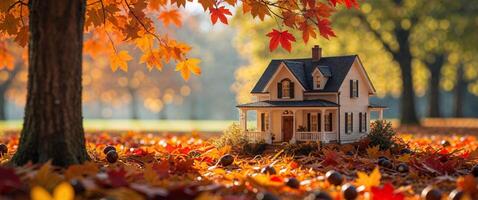 A small house sits in the middle of a field of autumn leaves photo