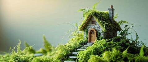A miniature house on top of a hill with a path leading to it photo