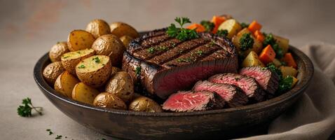 Grilled Steak with Roasted Potatoes and Vegetables in Wooden Bowl photo