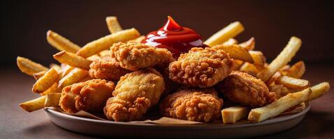 Golden Brown Fried Chicken Nuggets and Fries Platter with Ketchup on Dark Brown Background photo