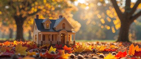 Miniature House in a Sunny Autumnal Setting. photo