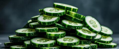 Freshly Sliced Cucumbers Stacked on Dark Background Close up View of Juicy Green Vegetable Slices. photo