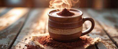 Steaming hot chocolate drink in rustic brown mug with cocoa sprinkles on wooden table. photo