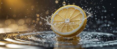 A Water Splash Effect on a Floating Lemon Slice. photo
