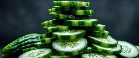 Freshly Sliced Cucumbers Stacked on Dark Background Close up View of Juicy Green Vegetable Slices photo