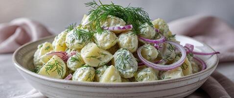 Serving of Potato Salad with Dill and Onion in a Bowl photo