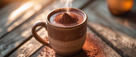 Steaming hot chocolate drink in rustic brown mug with cocoa sprinkles on wooden table photo