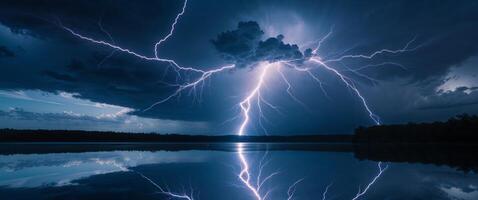 Intense Lightning Strike Illuminated Over Dark Lake during Nighttime Storm with Illuminated Reflection. photo