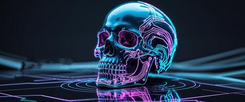 Neon outlined skull with glowing circuitry representing innovation in dental care and technology. photo