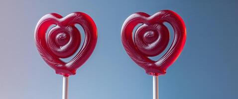 Bright Red Heart Shaped Lollipop on a Staging Blue Background photo