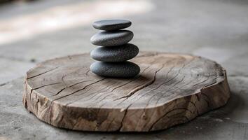 Stack of Dark Gray Stones and Weathered Wood Slab on Rustic Surface photo