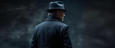 Back view of man in hat and coat with dark moody background photo