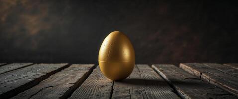 A solitary golden egg rests on a weathered wooden surface. photo