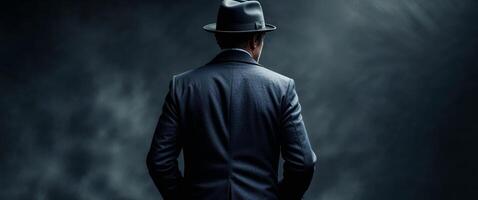 Back view of man in hat and coat with dark moody background. photo