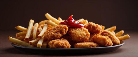 Golden Brown Fried Chicken Nuggets and Fries Platter with Ketchup on Dark Brown Background. photo
