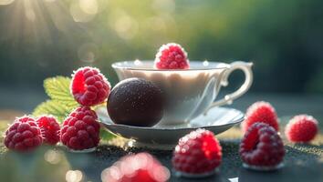 Fresh red raspberries with chocolate in a white teacup outdoors photo