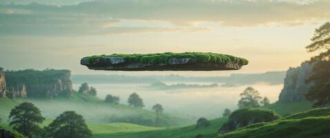 Suspended Mossy Rock Podium Floating Above a Serene Landscape With Lush Trees and Rocky Formations. photo