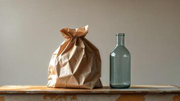 A brown paper bag and a bottle sitting on a table photo