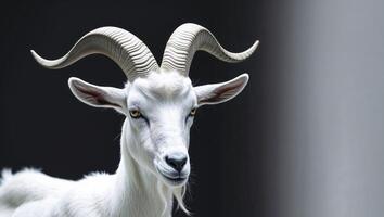 A goat with long horns standing in front of a black background photo