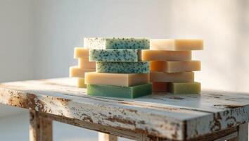 Aromatic Herbal Soap Stacked on Rustic Wooden Table. photo