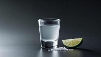 Enjoying a classic tequila shot with lime and salt on a stylish black backdrop. photo