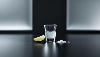 Enjoying a classic tequila shot with lime and salt on a stylish black backdrop photo