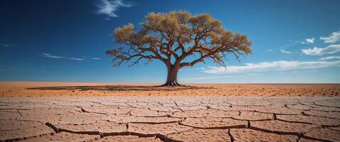 A dry tree in the middle of a cracked desert photo