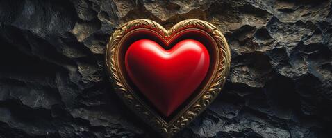 A red heart is placed in a frame on a rock wall photo