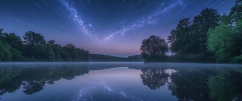 Celestial Constellations Reflected on Calm Lake at Night with Starry Sky photo