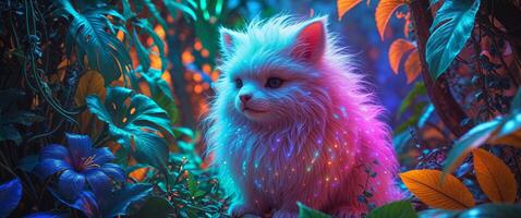 Neon Lit Fluffy Creature in Tropical Foliage Digital Art photo
