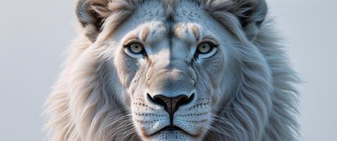 A frosty white lion face stares intensely at the viewer photo