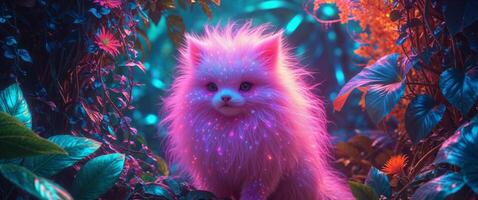 Neon Lit Fluffy Creature in Tropical Foliage Digital Art. photo
