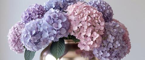 Exquisite floral display of lavender and pink hydrangeas in a chic vase. photo
