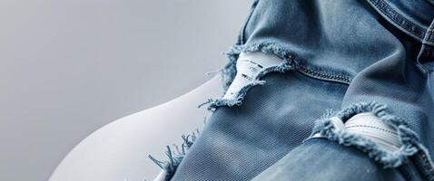 Ripped Denim Jeans Texture Background with Threads and Distressed Look. photo