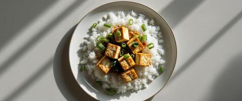 Overhead View of a Plated Meal with Tofu Rice and Green Onions. photo