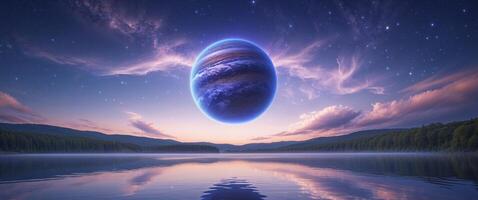 An alien planet floating in the sky over a lake photo