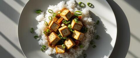 Overhead View of a Plated Meal with Tofu Rice and Green Onions photo